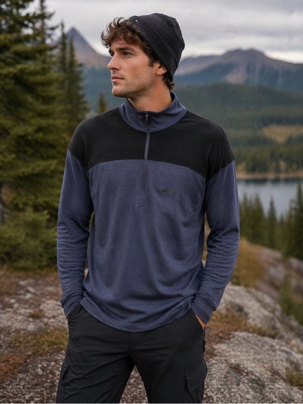 Helly Hansen Merino Wool Base Layer Men M Black Blue 1/4 Zip Gorpcore Outdoor